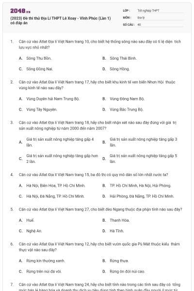 (2023) Đề thi thử Địa Lí THPT Lê Xoay - Vĩnh Phúc (Lần 1) có đáp án