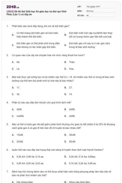 (2023) Đề thi thử Sinh học Sở giáo dục và đào tạo Vĩnh Phúc (Lần 1) có đáp án