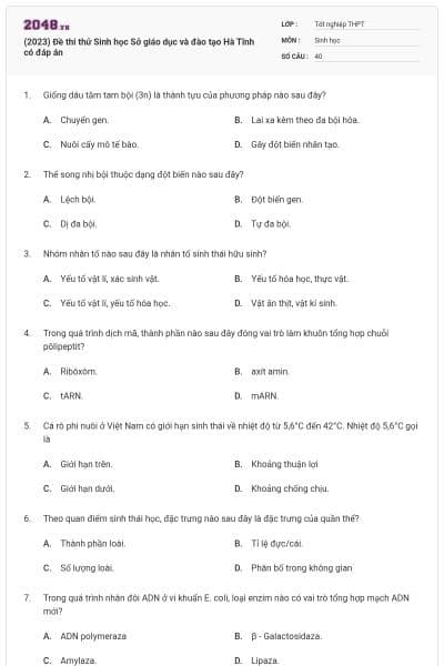 (2023) Đề thi thử Sinh học Sở giáo dục và đào tạo Hà Tĩnh có đáp án