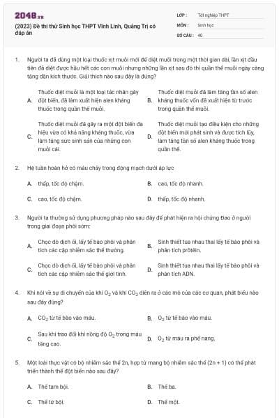 (2023) Đề thi thử Sinh học THPT Vĩnh Linh, Quảng Trị có đáp án