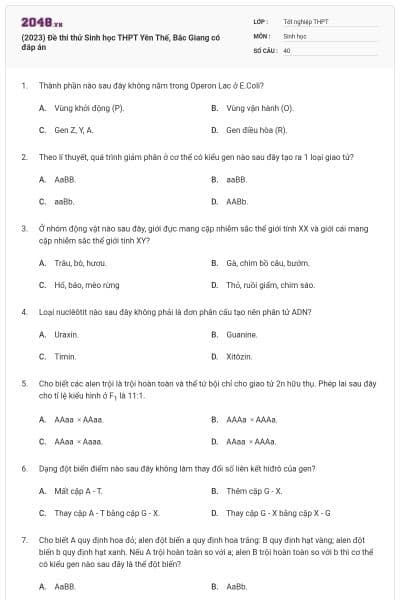 (2023) Đề thi thử Sinh học THPT Yên Thế, Bắc Giang có đáp án