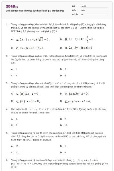 201 Bài trắc nghiệm Oxyz cực hay có lời giải chi tiết (P2)