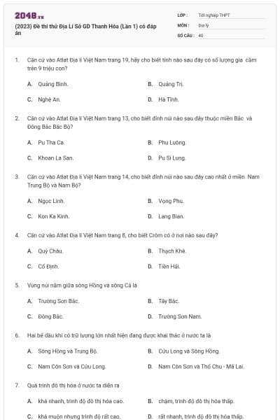(2023) Đề thi thử Địa Lí Sở GD Thanh Hóa (Lần 1) có đáp án