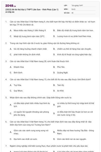(2023) Đề thi thử Địa Lí THPT Liễn Sơn - Vĩnh Phúc (Lần 1) có đáp án