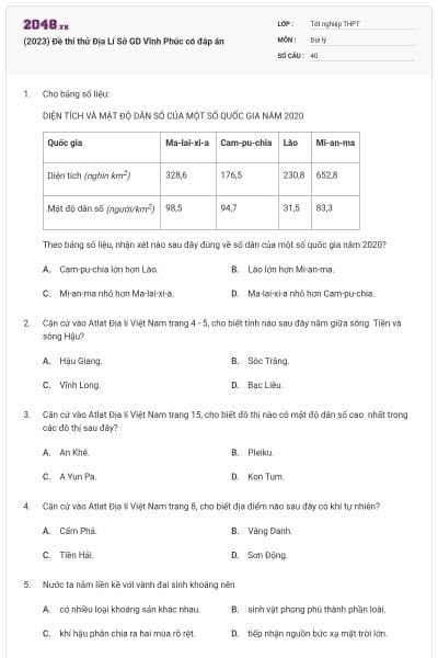 (2023) Đề thi thử Địa Lí Sở GD Vĩnh Phúc có đáp án