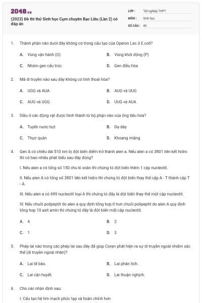 (2023) Đề thi thử Sinh học Cụm chuyên Bạc Liêu (Lần 2) có đáp án