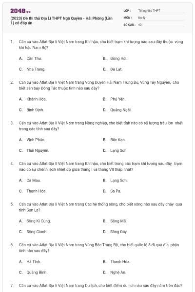 (2023) Đề thi thử Địa Lí THPT Ngô Quyền - Hải Phòng (Lần 1) có đáp án