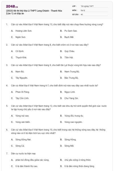 (2023) Đề thi thử Địa Lí THPT Lang Chánh - Thanh Hóa (Lần 1) có đáp án
