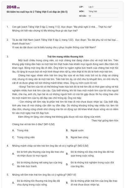 Đề kiểm tra cuối học kì 2 Tiếng Việt 5 có đáp án (Đề 5)