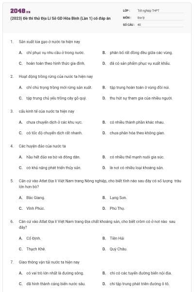 (2023) Đề thi thử Địa Lí Sở GD Hòa Bình (Lần 1) có đáp án