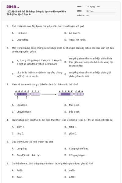 (2023) Đề thi thử Sinh học Sở giáo dục và đào tạo Hòa Bình (Lần 1) có đáp án
