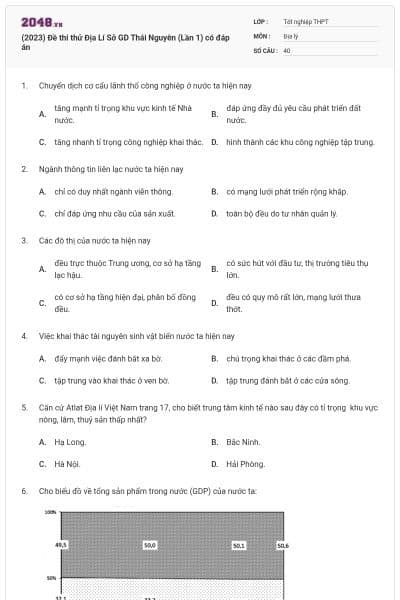 (2023) Đề thi thử Địa Lí Sở GD Thái Nguyên (Lần 1) có đáp án