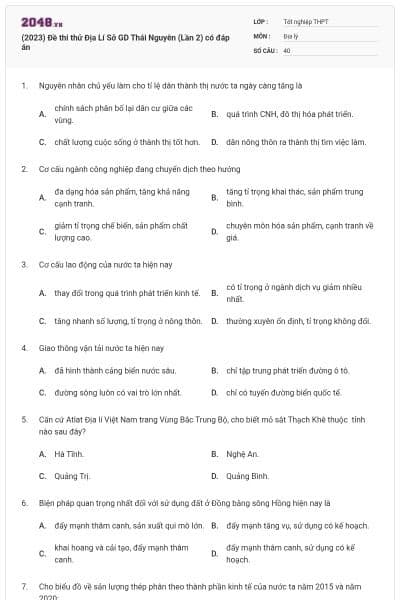 (2023) Đề thi thử Địa Lí Sở GD Thái Nguyên (Lần 2) có đáp án