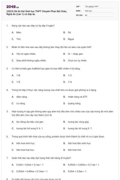 (2023) Đề thi thử Sinh học THPT Chuyên Phan Bội Châu, Nghệ An (Lần 1) có đáp án