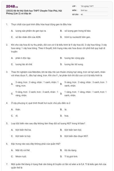 (2023) Đề thi thử Sinh học THPT Chuyên Trần Phú, Hải Phòng (Lần 2) có đáp án
