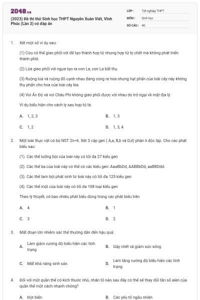 (2023) Đề thi thử Sinh học THPT Nguyễn Xuân Viết, Vĩnh Phúc (Lần 3) có đáp án