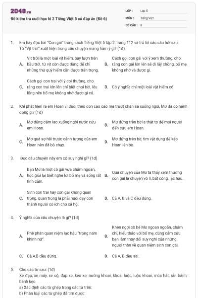 Đề kiểm tra cuối học kì 2 Tiếng Việt 5 có đáp án (Đề 6)