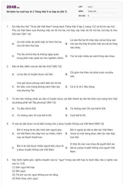 Đề kiểm tra cuối học kì 2 Tiếng Việt 5 có đáp án (Đề 7)