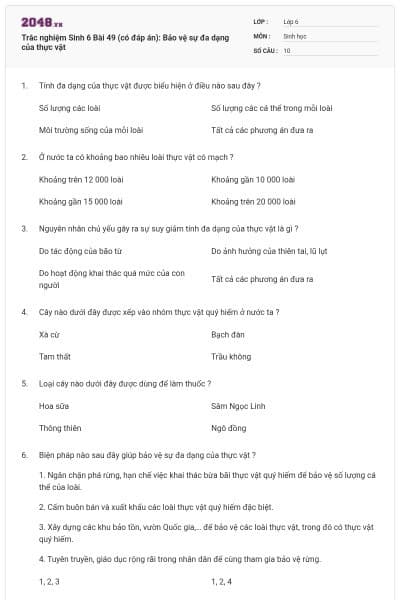 Trắc nghiệm Sinh 6 Bài 49 (có đáp án): Bảo vệ sự đa dạng của thực vật