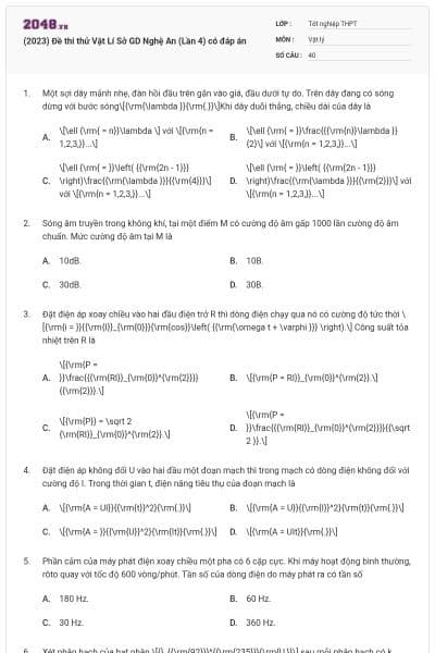 (2023) Đề thi thử Vật Lí Sở GD Nghệ An (Lần 4) có đáp án