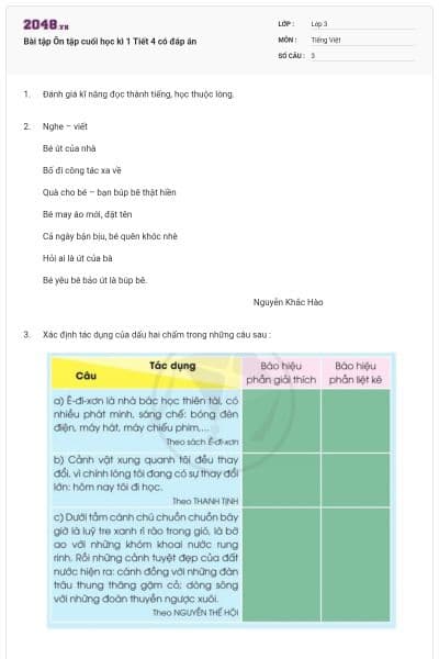 Bài tập Ôn tập cuối học kì 1 Tiết 4 có đáp án