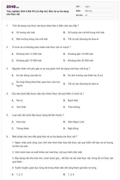 Trắc nghiệm Sinh 6 Bài 49 (có đáp án): Bảo vệ sự đa dạng của thực vật