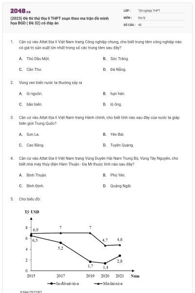 (2023) Đề thi thử Địa lí THPT soạn theo ma trận đề minh họa BGD ( Đề 32) có đáp án