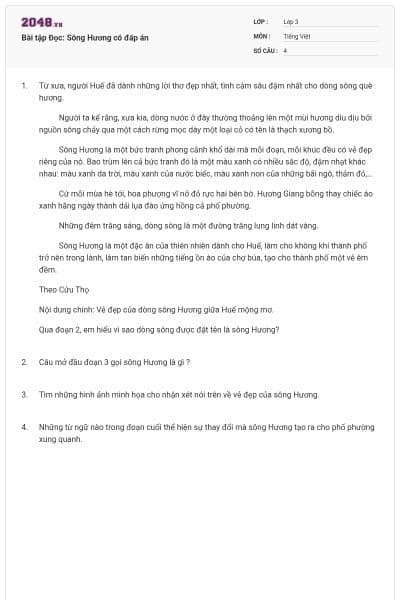 Bài tập Đọc: Sông Hương có đáp án