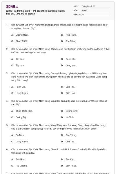 (2023) Đề thi thử Địa lí THPT soạn theo ma trận đề minh họa BGD ( Đề 34) có đáp án