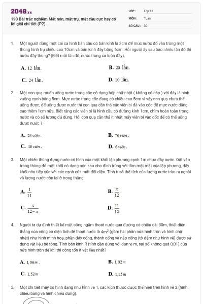 190 Bài trắc nghiệm Mặt nón, mặt trụ, mặt cầu cực hay có lời giải chi tiết (P2)