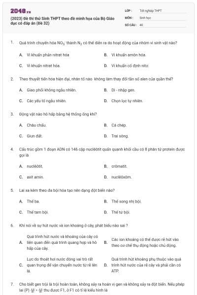 (2023) Đề thi thử Sinh THPT theo đề minh họa của Bộ Giáo dục có đáp án (Đề 32)