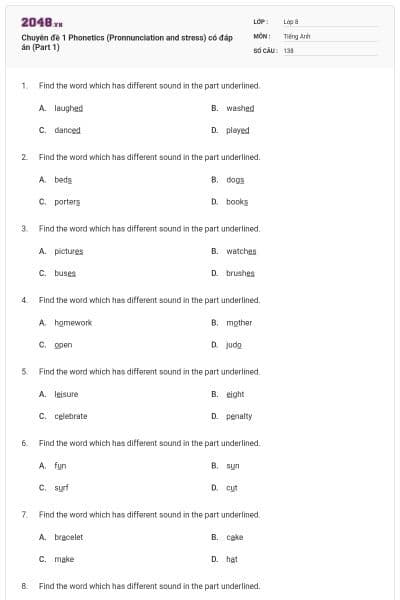 Chuyên đề 1 Phonetics (Pronnunciation and stress) có đáp án (Part 1)