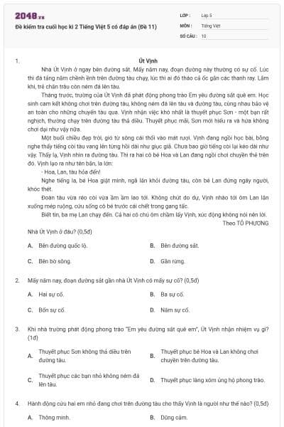 Đề kiểm tra cuối học kì 2 Tiếng Việt 5 có đáp án (Đề 11)