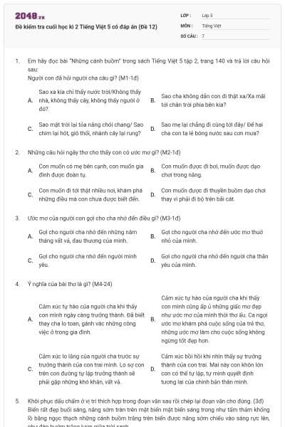 Đề kiểm tra cuối học kì 2 Tiếng Việt 5 có đáp án (Đề 12)