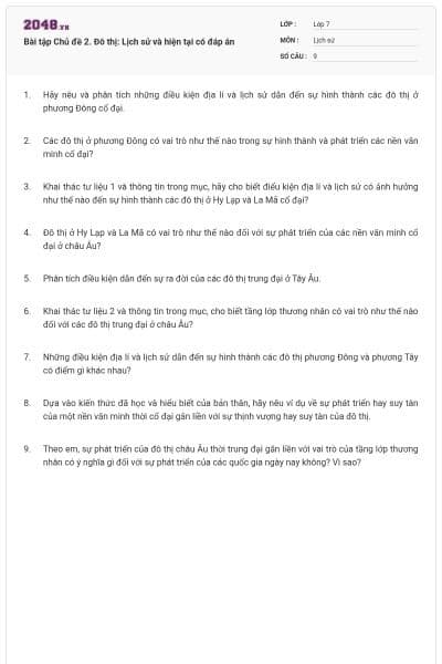 Bài tập Chủ đề 2. Đô thị: Lịch sử và hiện tại có đáp án