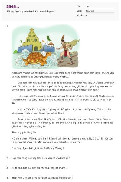 Bài tập Đọc: Sự tích thành Cổ Loa có đáp án