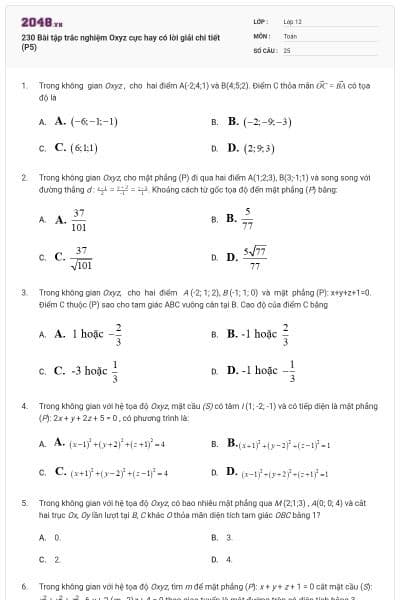 230 Bài tập trắc nghiệm Oxyz cực hay có lời giải chi tiết (P5)