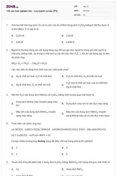 125 câu trắc nghiệm Oxi - Lưu huỳnh cơ bản (P4)