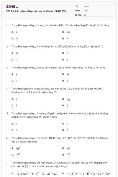 201 Bài trắc nghiệm Oxyz cực hay có lời giải chi tiết (P3)