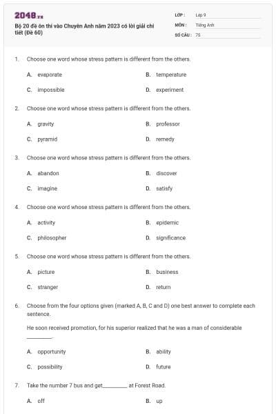 Bộ 20 đề ôn thi vào Chuyên Anh năm 2023 có lời giải chi tiết (Đề 60)