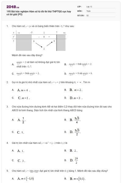 195 Bài trắc nghiệm Hàm số từ đề thi thử THPTQG cực hay có lời giải (P5)