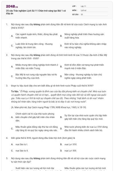 25 câu Trắc nghiệm Lịch Sử 11 Chân trời sáng tạo Bài 1 có đáp án