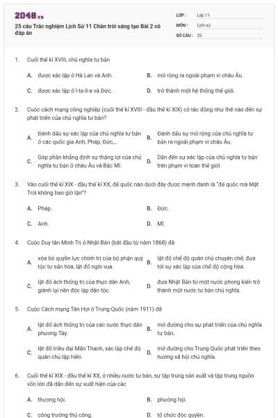 25 câu Trắc nghiệm Lịch Sử 11 Chân trời sáng tạo Bài 2 có đáp án