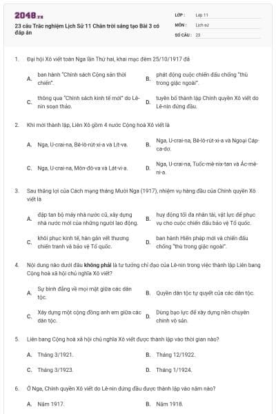 23 câu Trắc nghiệm Lịch Sử 11 Chân trời sáng tạo Bài 3 có đáp án