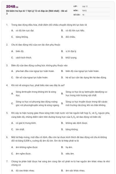 Đề kiểm tra học kì 1 Vật Lý 12 có đáp án (Mới nhất) - Đề số 3