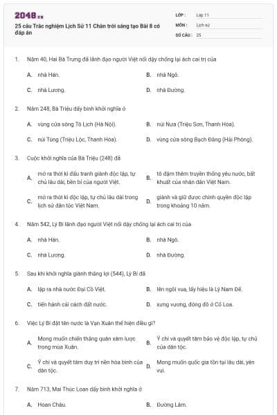 25 câu Trắc nghiệm Lịch Sử 11 Chân trời sáng tạo Bài 8 có đáp án