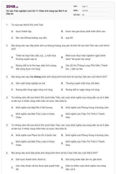 32 câu Trắc nghiệm Lịch Sử 11 Chân trời sáng tạo Bài 9 có đáp án