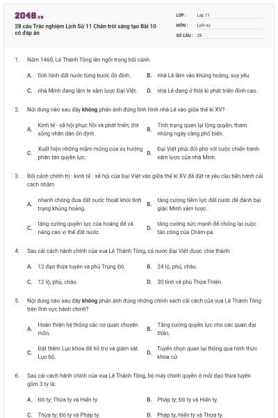28 câu Trắc nghiệm Lịch Sử 11 Chân trời sáng tạo Bài 10 có đáp án