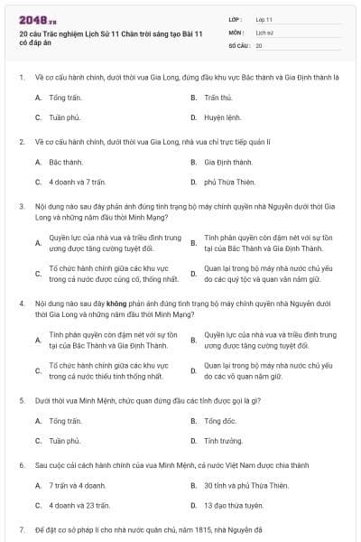 20 câu Trắc nghiệm Lịch Sử 11 Chân trời sáng tạo Bài 11 có đáp án