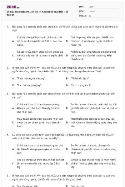 25 câu Trắc nghiệm Lịch Sử 11 Kết nối tri thức Bài 1 có đáp án